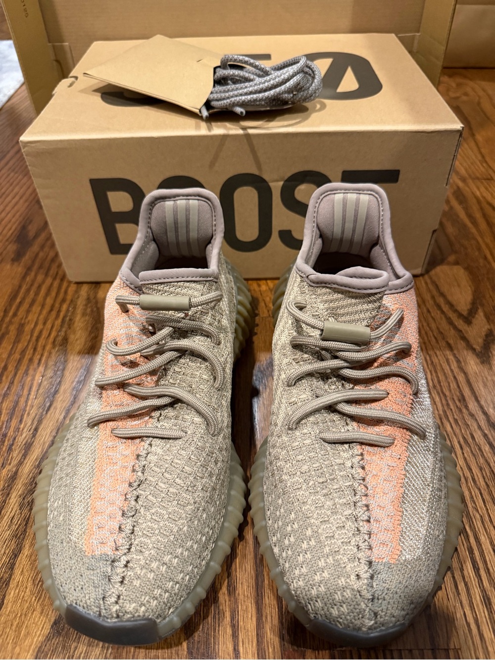 Adidas Yeezy Men Neutral Tan with Peach Stripe Sneakers